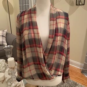 Adorable sheer blouse. Red, green and tan.